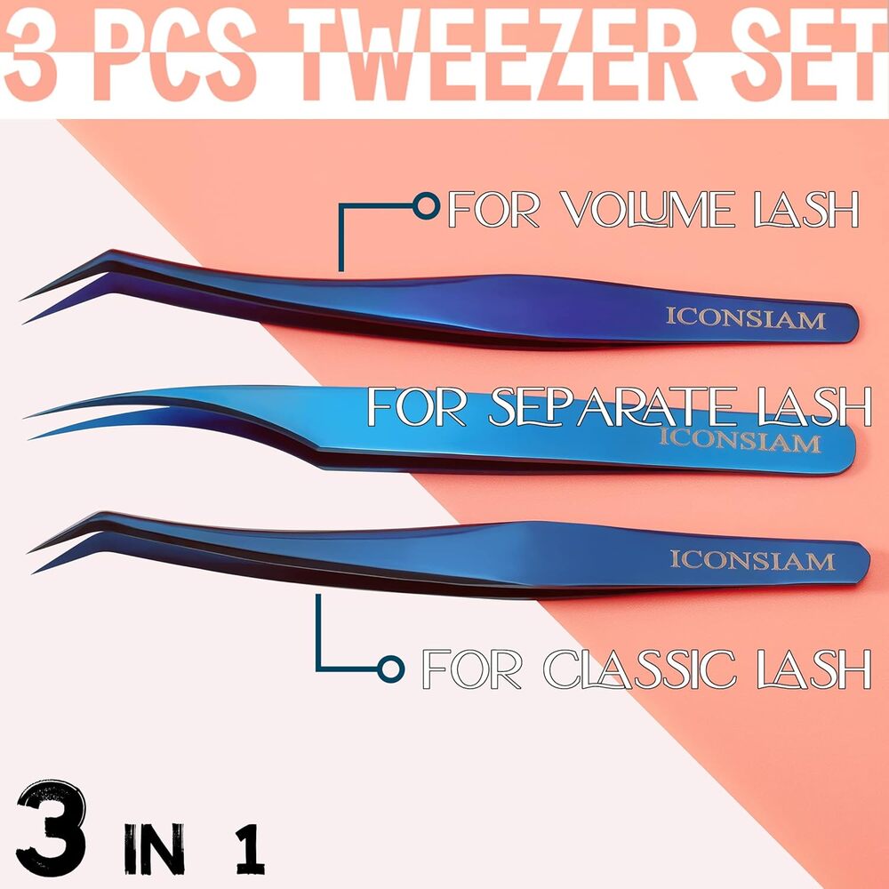 3 Pcs Eyelash Extension Tweezers Set Blue Stainless Steel Lash Tools Pro